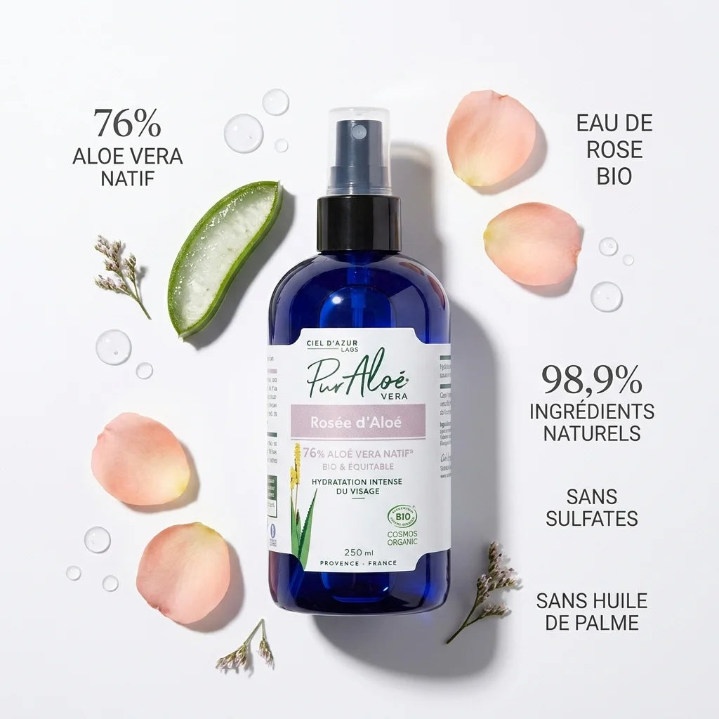 Spray Pur'Aloé Rosée d'Aloé Vera Bio 76% entouré d'ingrédients naturels sur fond blanc