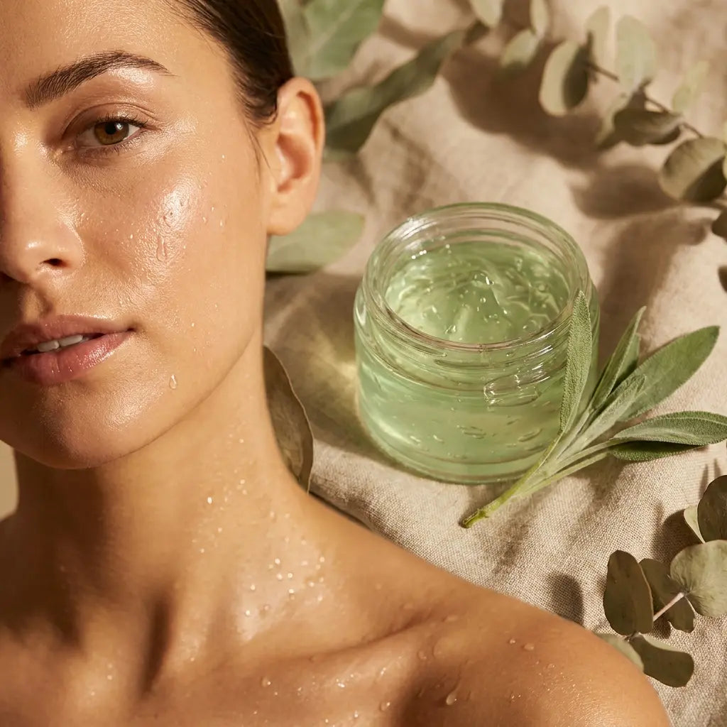 Peau lumineuse avec gel d'aloe vera bio 76%, gouttes d'eau et texture apaisante sur fond beige