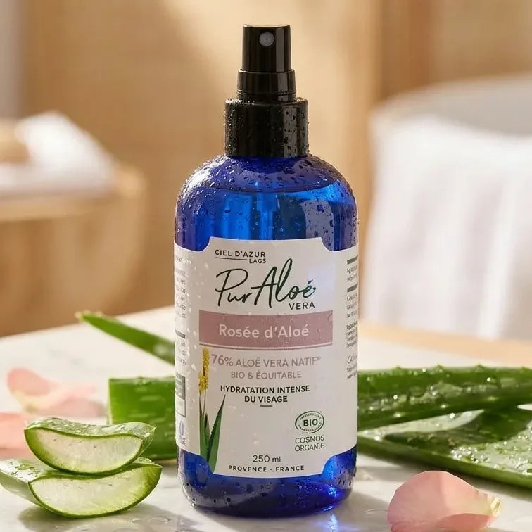 Rosée d'Aloé Vera Bio 76% en flacon spray avec feuilles d'aloe vera et pétales de rose