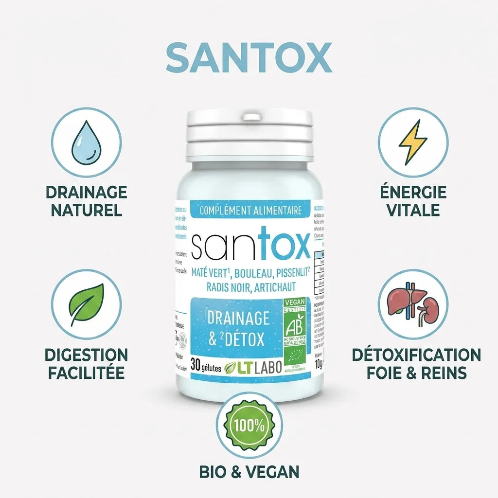 Santox bio vegan en gélules avec icônes détoxification foie, drainage naturel et énergie vitale