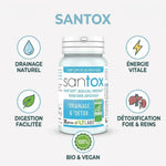 Santox bio vegan en gélules avec icônes détoxification foie, drainage naturel et énergie vitale