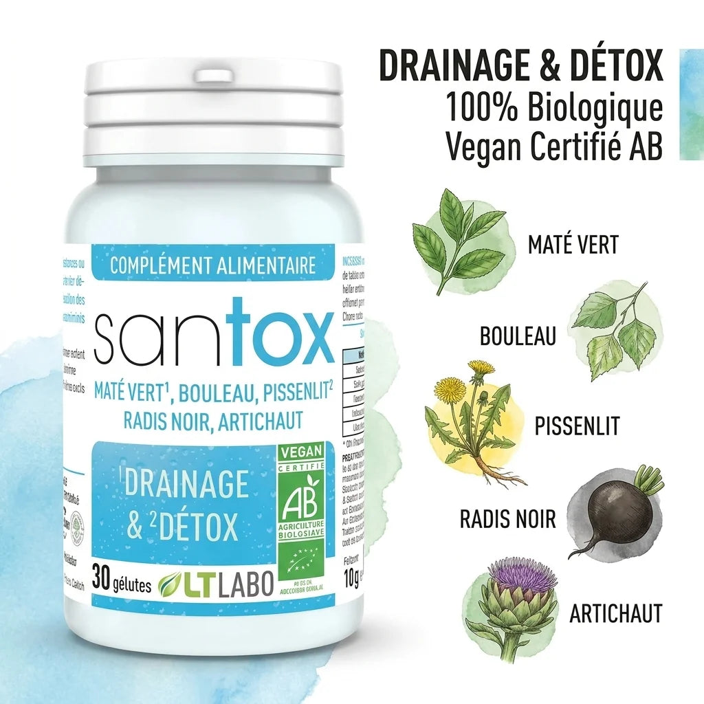 Santox Bio détox vegan en gélules avec ingrédients naturels : maté vert, bouleau, pissenlit, radis noir, artichaut