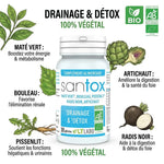 Flacon Santox bio vegan avec 5 ingrédients naturels : Maté, Bouleau, Pissenlit, Radis Noir, Artichaut