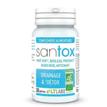 Complément Santox bio et vegan en gélules, bouteille avec étiquette bleue et certifications biologiques