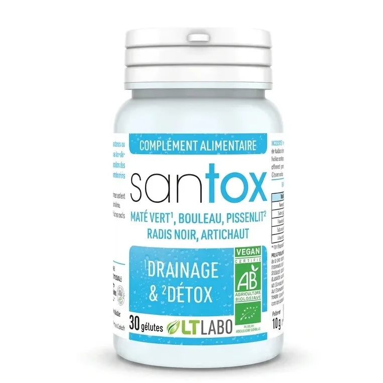 Complément Santox bio et vegan en gélules, bouteille avec étiquette bleue et certifications biologiques