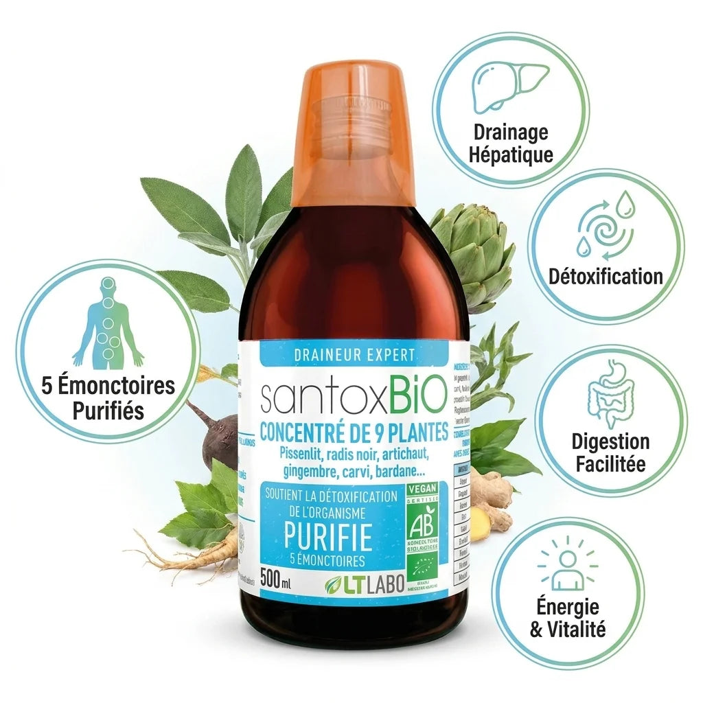 Santox Buvable Bio 500ml LT Labo avec icônes détoxification et drainage hépatique