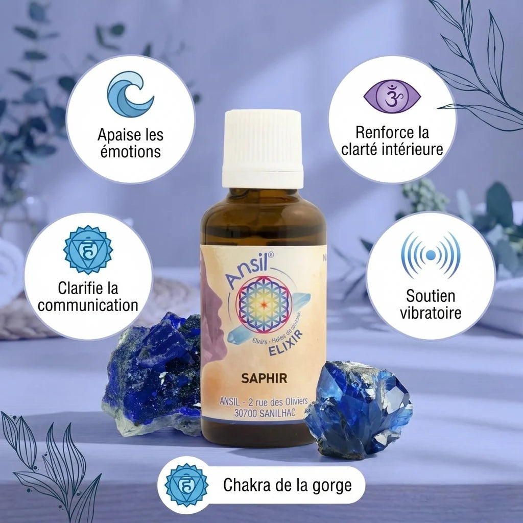 Elixir de cristal Saphir Ansil avec infographies des 5 bénéfices en studio professionnel