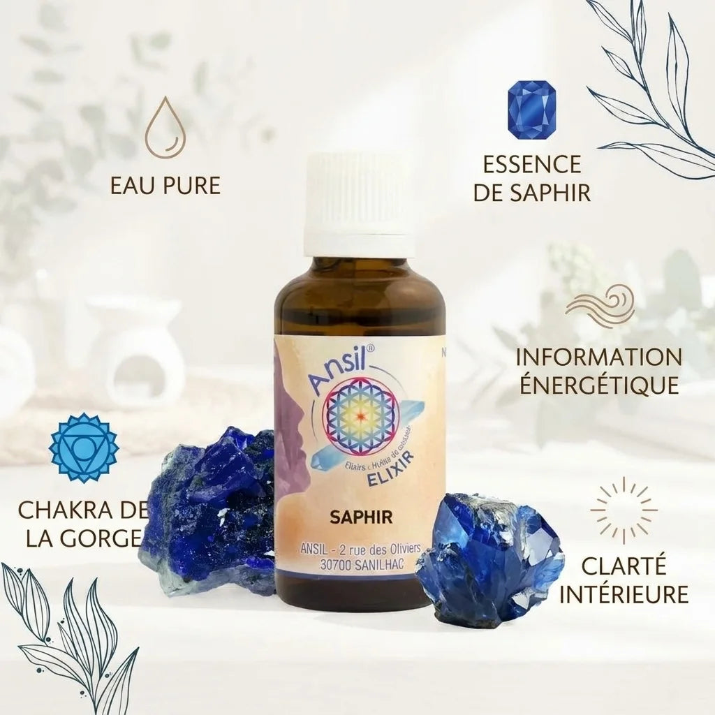 Elixir de cristal Saphir avec lapislazuli, ingrédients et propriétés énergétiques pour le chakra de la gorge