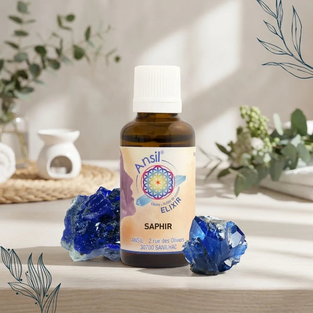 Bouteille de Saphir élixir de cristal Ansil avec pierres de lapis-lazuli dans ambiance wellness spa