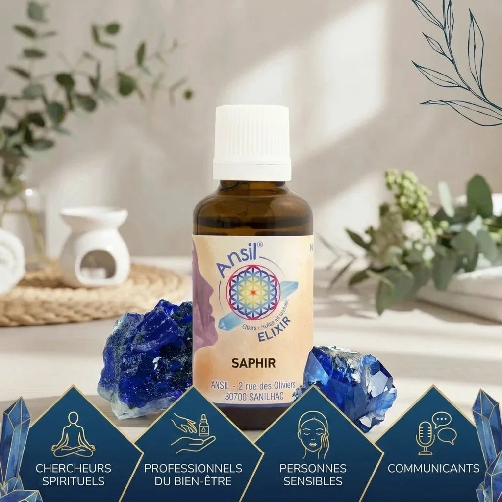 Elixir de cristal Saphir avec lapis-lazuli et personas bien-être en photographie professionnelle