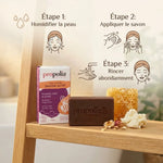 Savon Bio Propolis Miel Karité Propolia avec guide d'utilisation en 3 étapes sur étagère bois