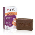 Savon actif Bio Propolis Miel Karité Propolia sur fond blanc, certification biologique