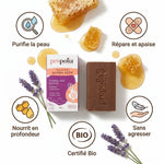 Savon actif Propolia Propolis Miel Karité avec infographie des bénéfices et ingrédients naturels