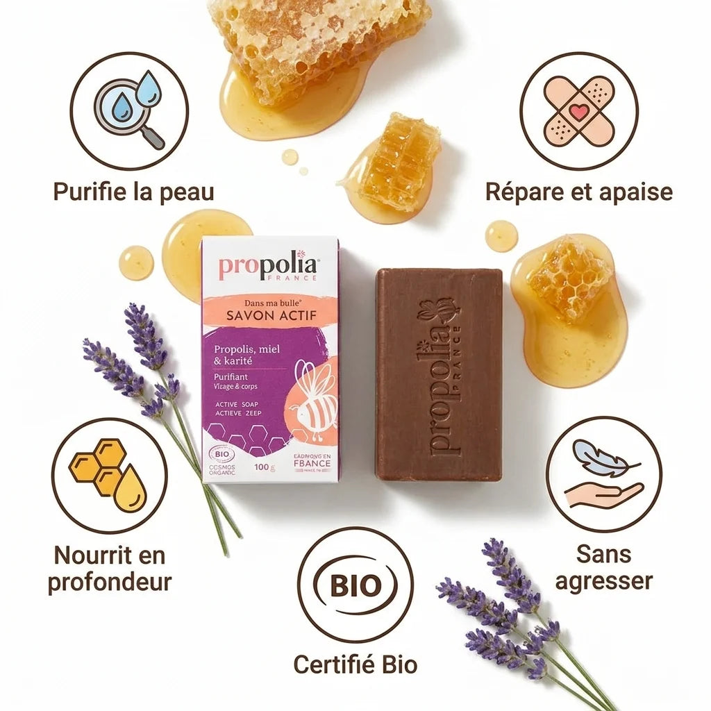 Savon actif Propolia Propolis Miel Karité avec infographie des bénéfices et ingrédients naturels