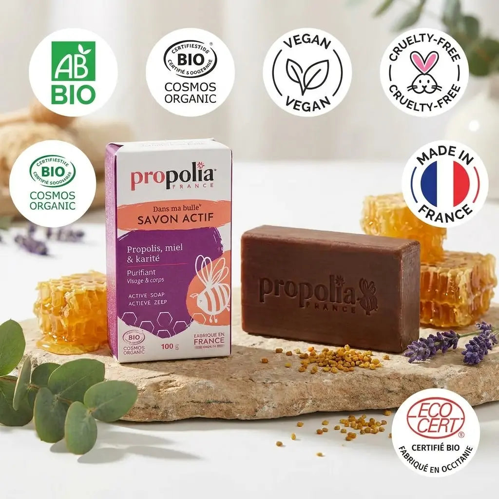 Savon actif Propolia Propolis Miel Karité certifié Bio avec packaging et labels de certification