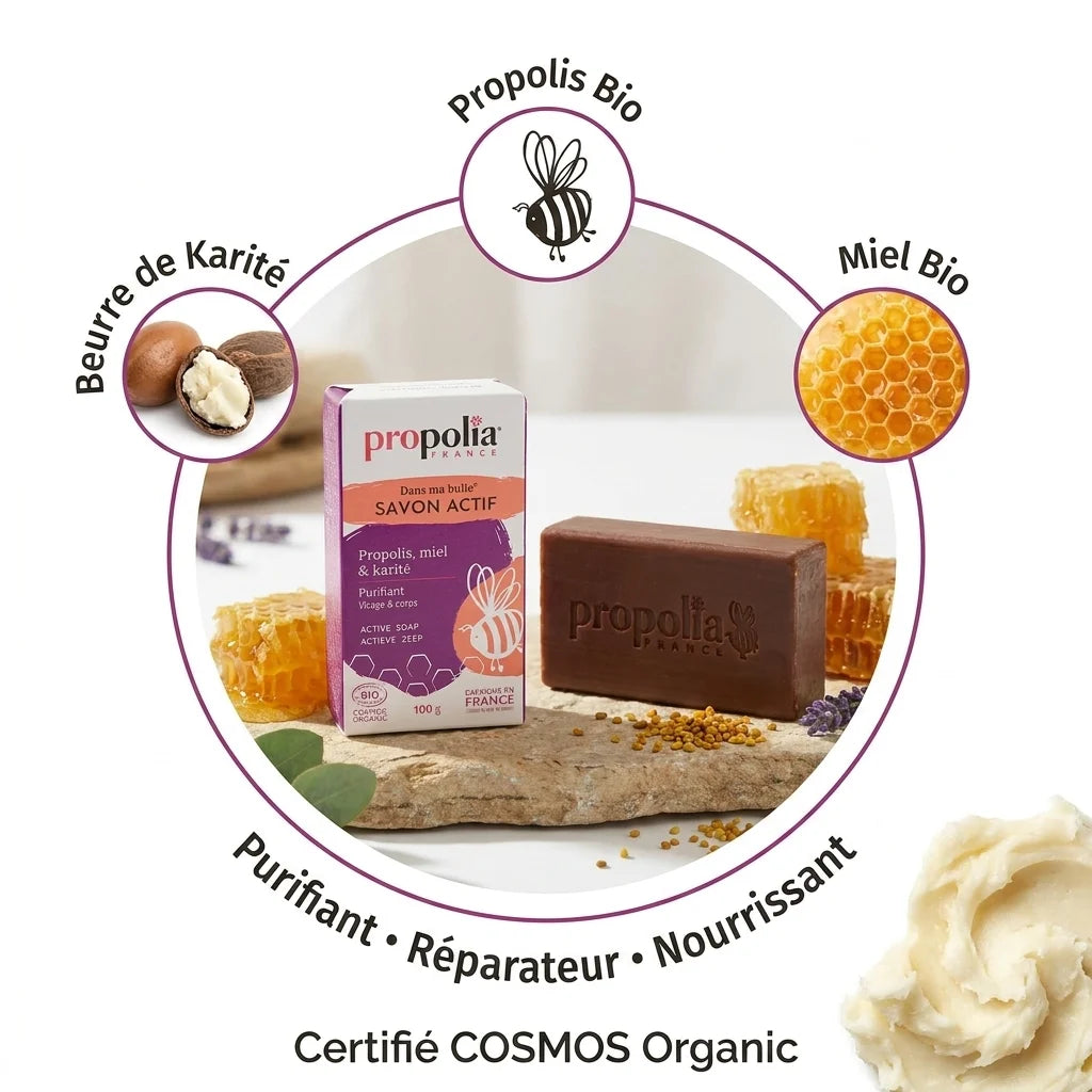 Savon actif Propolia à la Propolis, Miel et Karité avec ingrédients naturels biologiques certifiés