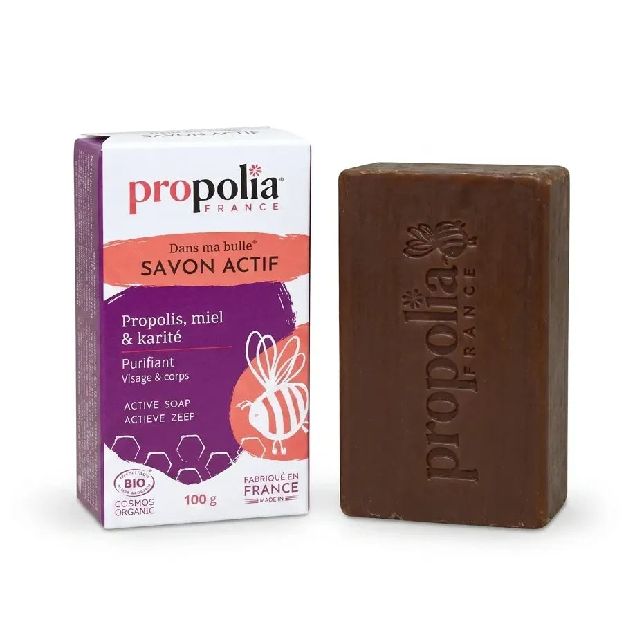 Savon actif Propolis Miel Karité Propolia bar marron avec emballage carton