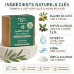 Savon d'Alep Najel 12% HBL 200g avec infographie ingrédients naturels huile olive laurier