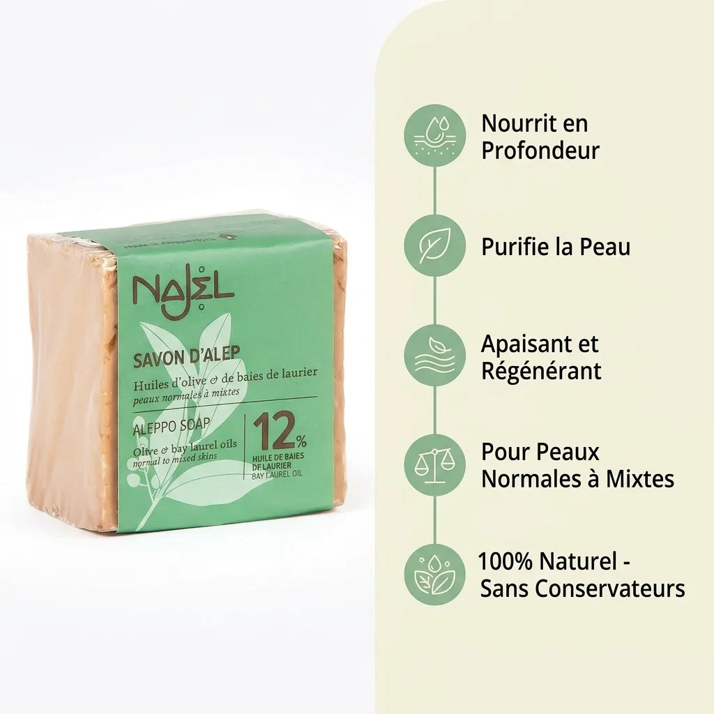 Savon d'Alep Najel 12% HBL avec infographie des 5 bénéfaits pour la peau
