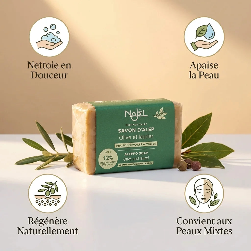 Savon d'Alep Najel 12% HBL avec ses bénéfices : nettoyage doux, apaisement peau mixte