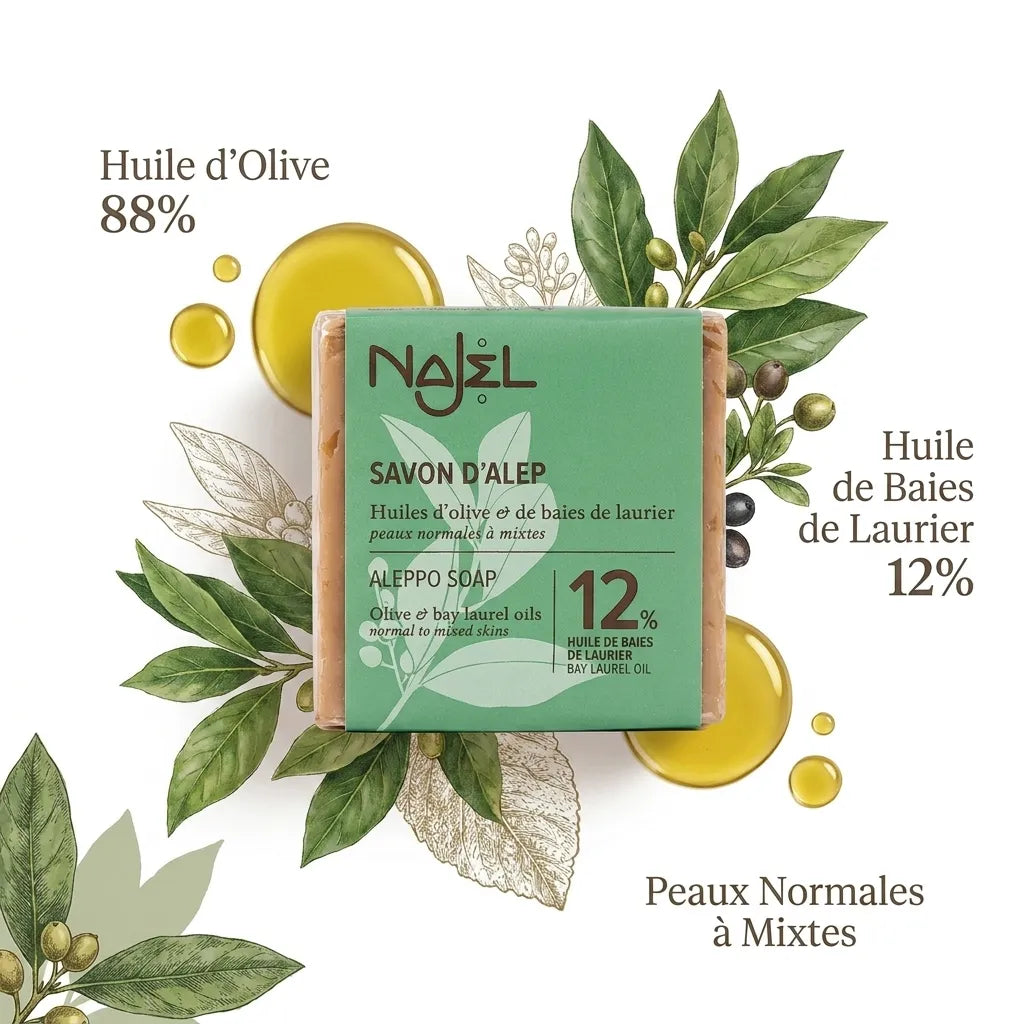 Savon d'Alep Najel 12% HBL avec huile d'olive et baies de laurier, composition naturelle