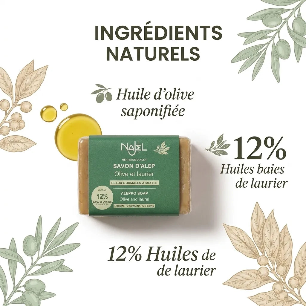 Savon d'Alep Najel 12% HBL avec emballage vert, huile d'olive et baies de laurier