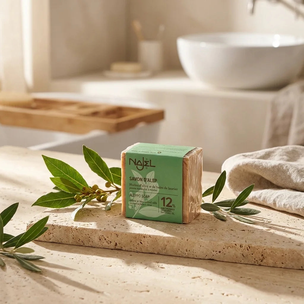 Savon d'Alep Najel 12% HBL sur pierre naturelle avec feuilles de laurier et olive