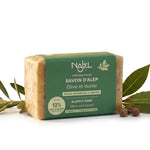 Savon d'Alep Najel 12% HBL barre verte naturelle sur fond blanc