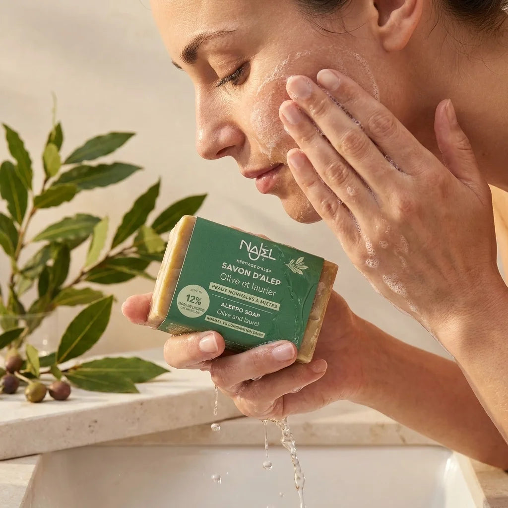 Savon d'Alep Najel 12% HBL - femme se lavant le visage avec mousse naturelle sous l'eau