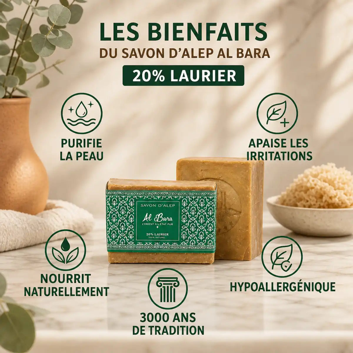 Savon d'Alep 20% Laurier Al Bara 200g avec ses bienfaits : purifie, apaise, nourrit naturellement