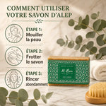 Savon d'Alep 20% Laurier Al Bara 200g avec guide d'utilisation et accessoires de bain naturels