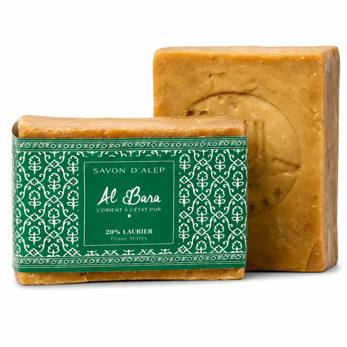 Savon d'Alep 20% Laurier Al Bara 200g barre dorée avec étiquette verte