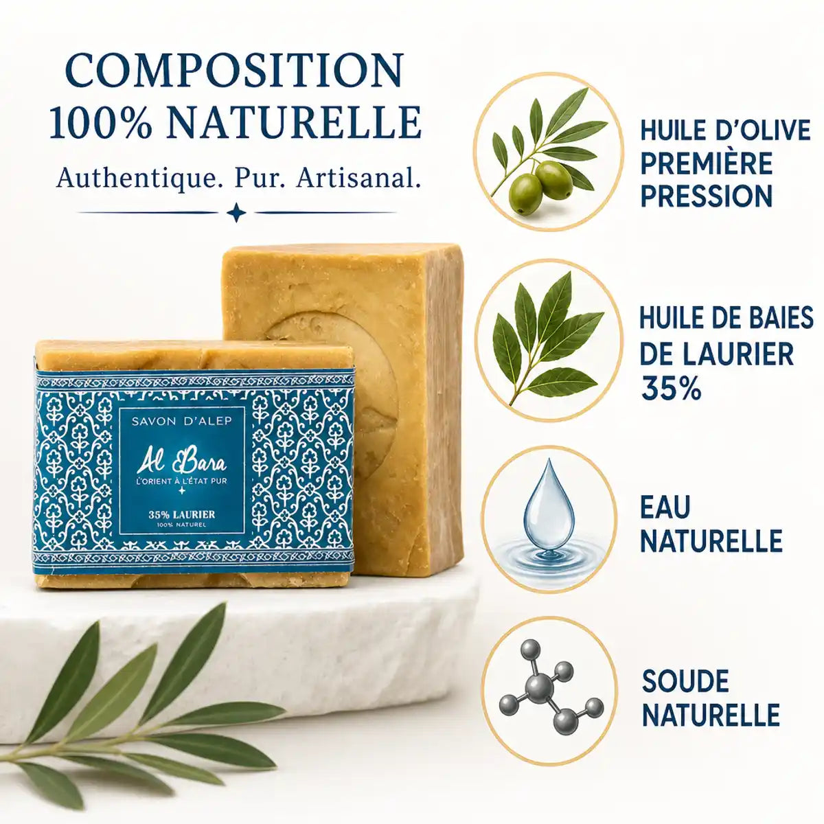 Savon d'Alep 35% laurier Al Bara avec ingrédients naturels: huile olive, baies laurier, eau et soude