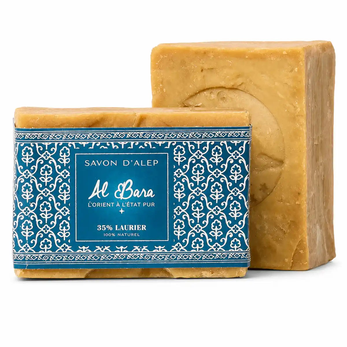 Savon d'Alep 35% Laurier Al Bara 200g emballé et déballé sur fond blanc