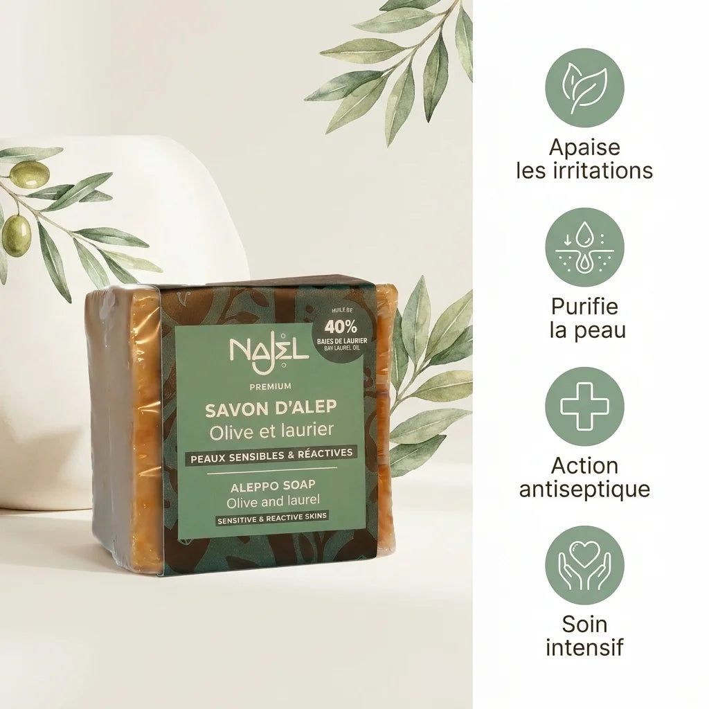 Savon d'Alep Najel 40% HBL avec bénéfices : apaise irritations, purifie peau, antiseptique