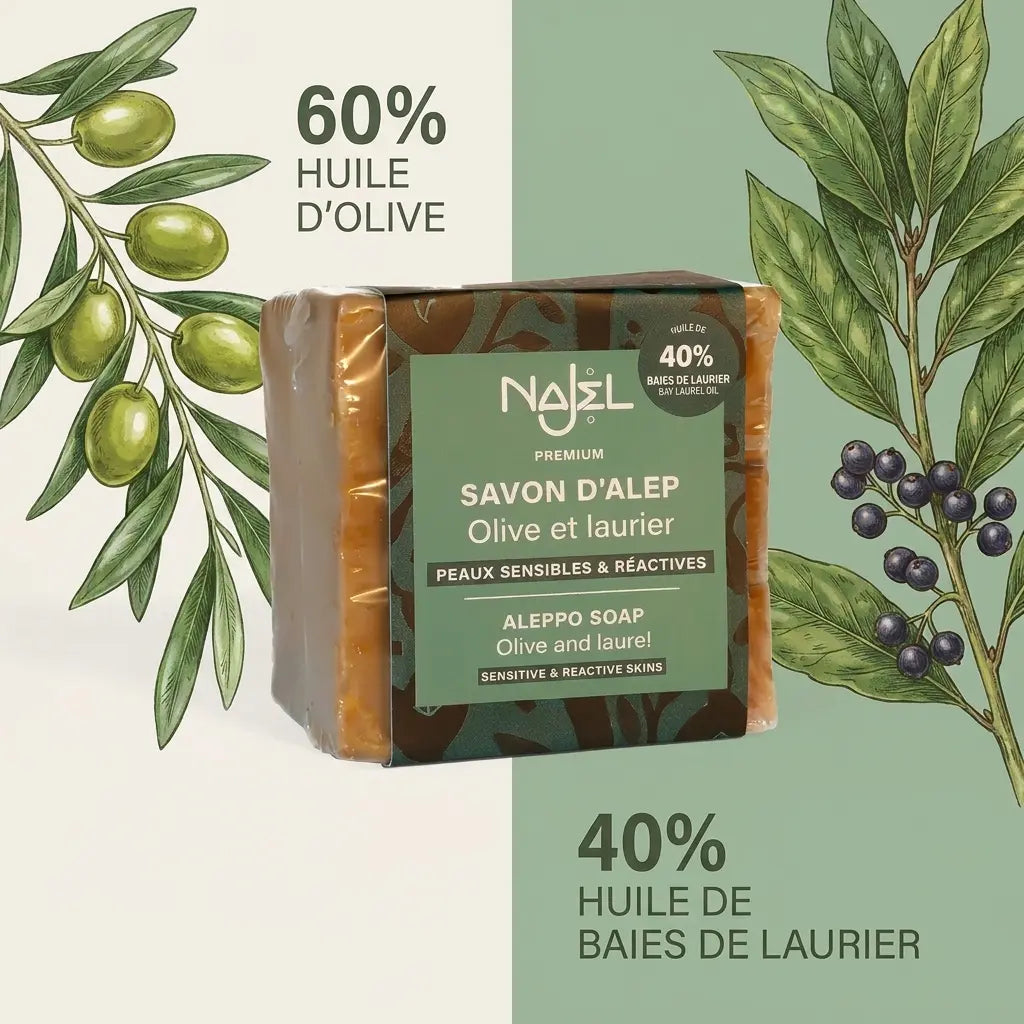 Savon d'Alep Najel 40% HBL avec composition huile d'olive et baies de laurier
