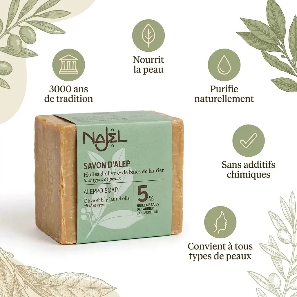 Savon d'Alep Najel 5% HBL bar naturel étiquette verte fond blanc