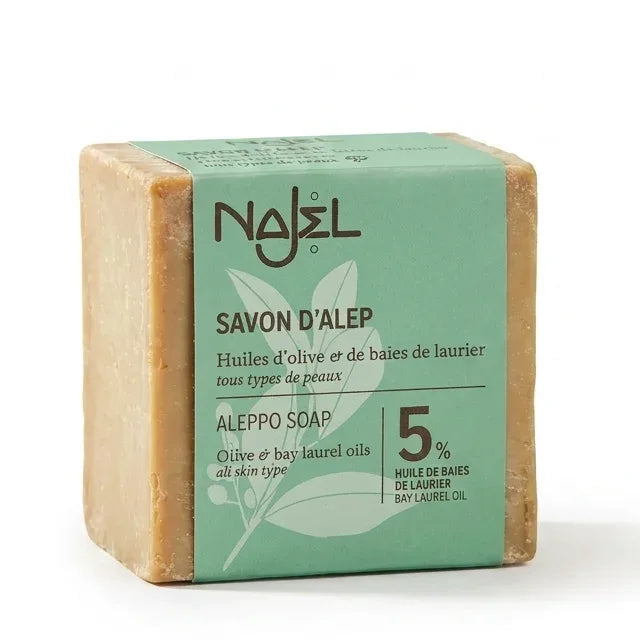Savon d'Alep 5% HBL Najel - Barre rectangulaire à étiquette verte sur fond blanc