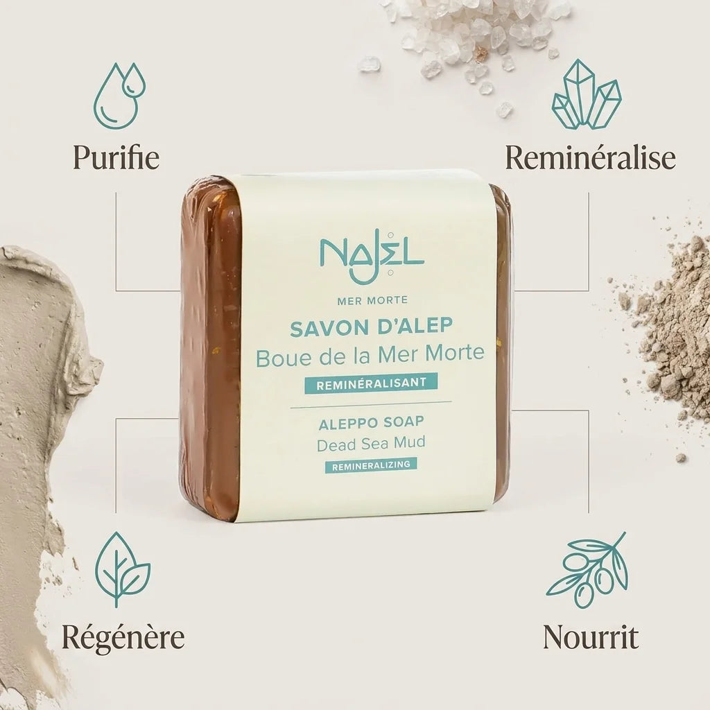 Savon d'Alep Najel boue Mer Morte - Purifie, Reminéralise, Régénère, Nourrit
