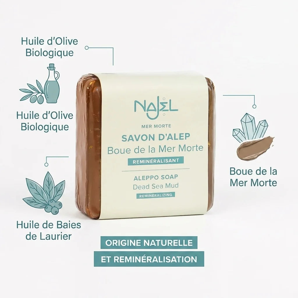 Savon d'Alep Najel boue Mer Morte avec huile olive et laurier - ingrédients naturels