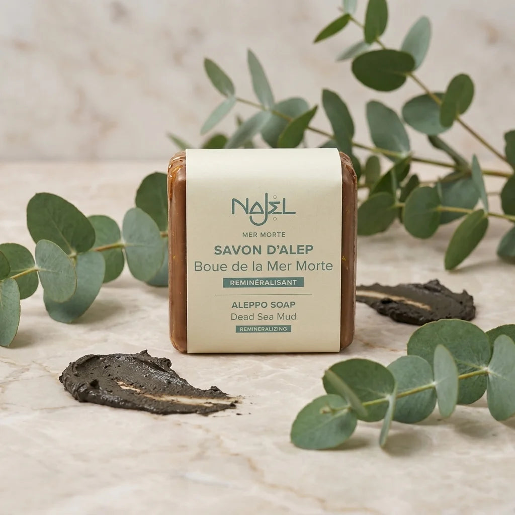 Savon d'Alep Najel à la boue de la mer Morte sur marbre avec eucalyptus
