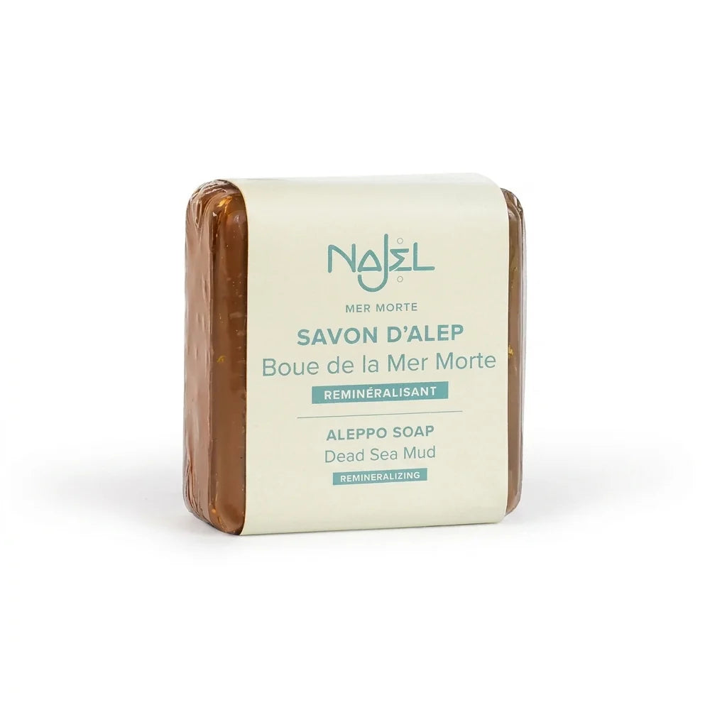 Savon d'Alep Najel à la boue de la mer Morte, barre rectangulaire avec étiquette crème
