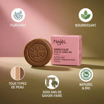 Savon d'Alep Najel rose de Damas bio avec icônes bénéfices purifiant nourrissant naturel