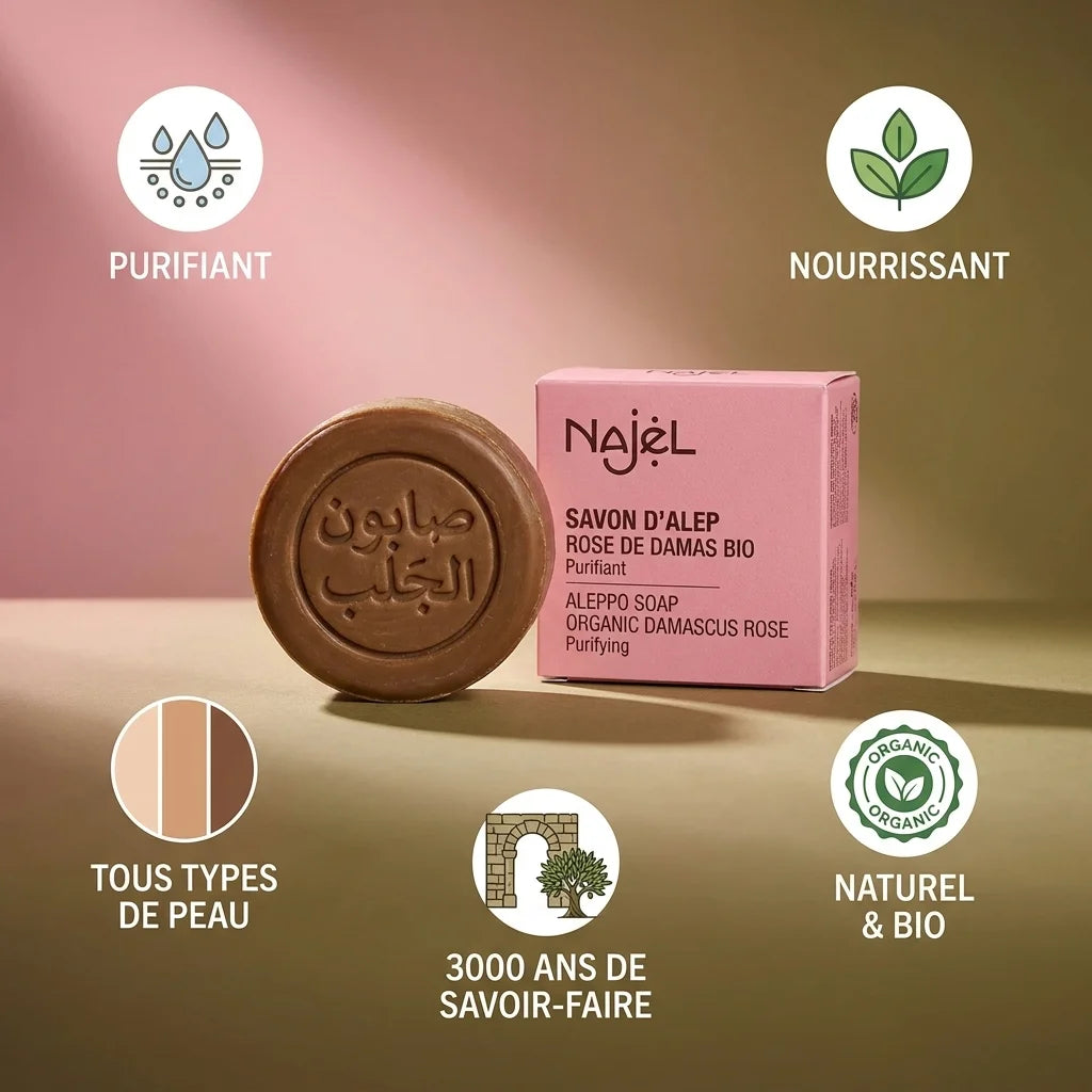 Savon d'Alep Najel rose de Damas bio avec icônes bénéfices purifiant nourrissant naturel