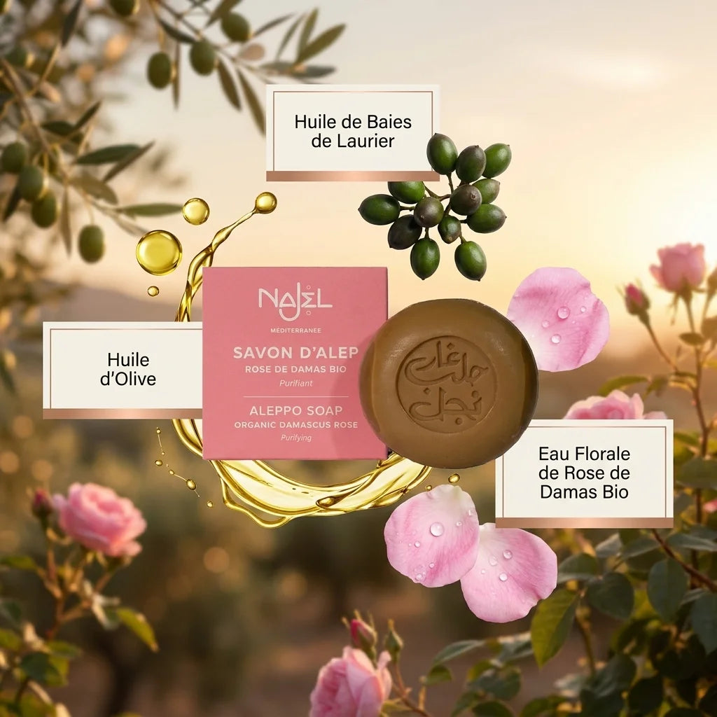 Savon d'Alep Najel rose de Damas bio avec huile d'olive et laurier en packaging rose