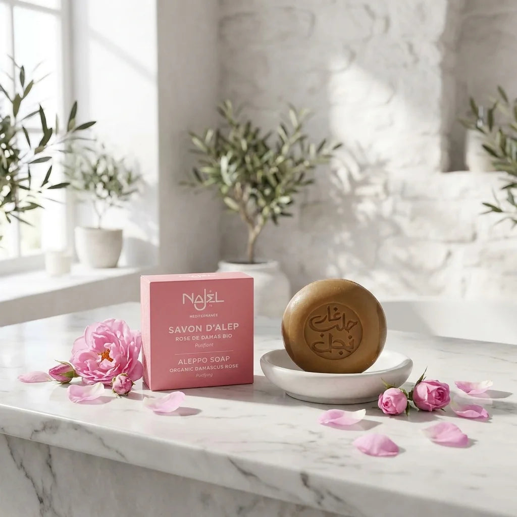 Savon d'Alep Najel à la rose de Damas bio sur marbre avec pétales de rose frais