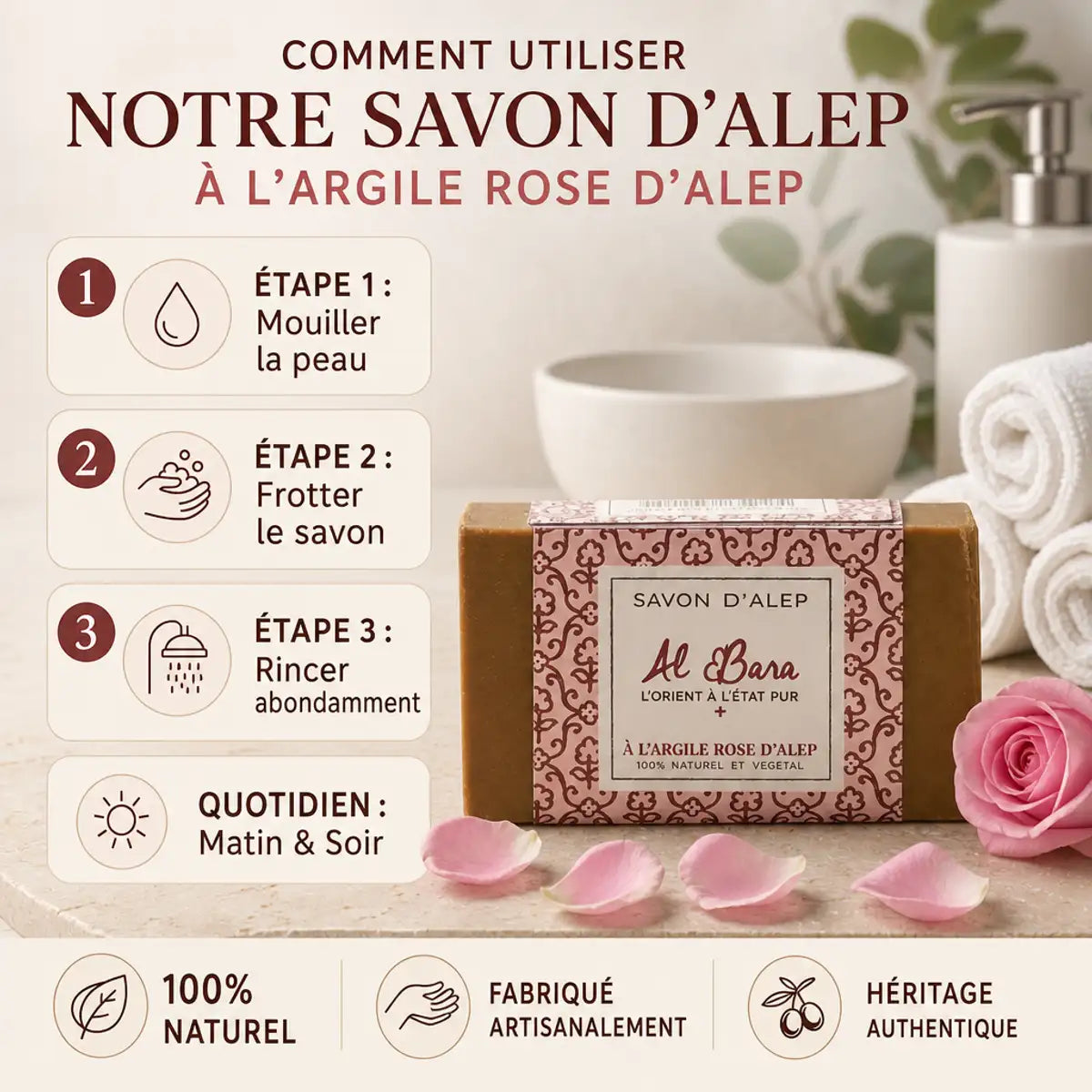 Savon d'Alep à l'argile rose Al Bara 150g avec étapes d'utilisation et accessoires spa
