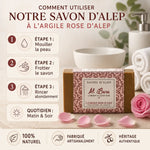 Savon d'Alep à l'argile rose Al Bara 150g avec étapes d'utilisation et accessoires spa