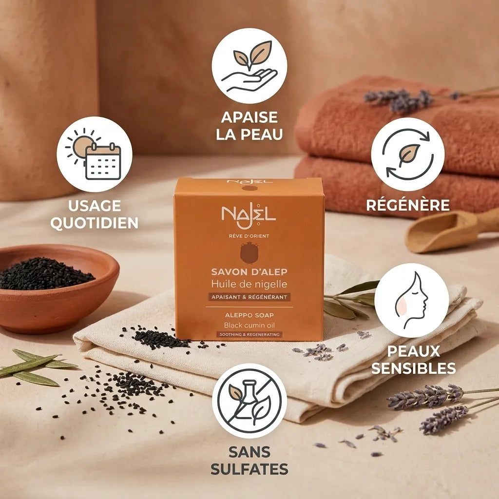Savon d'Alep Najel à l'huile de nigelle avec ses 5 bénéfices : apaisement, régénération, peaux sensibles