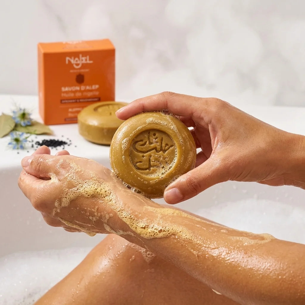 Savon d'Alep Najel à l'huile de nigelle créant une mousse dorée sur peau humide